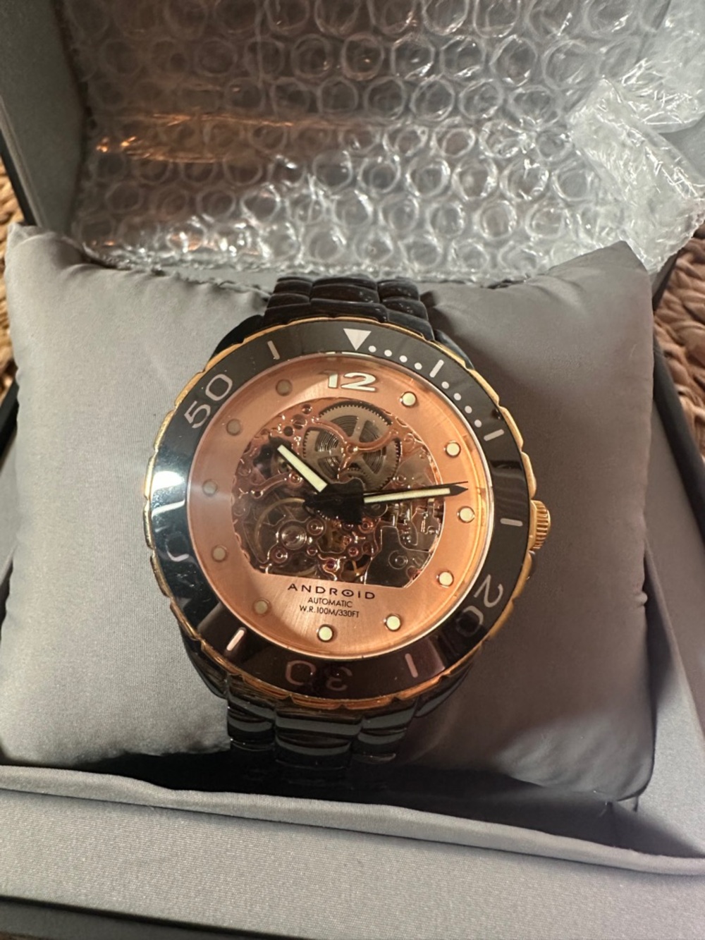 Android Men's Automatic Skeleton Watch in Rose Gold and Black Bracelet